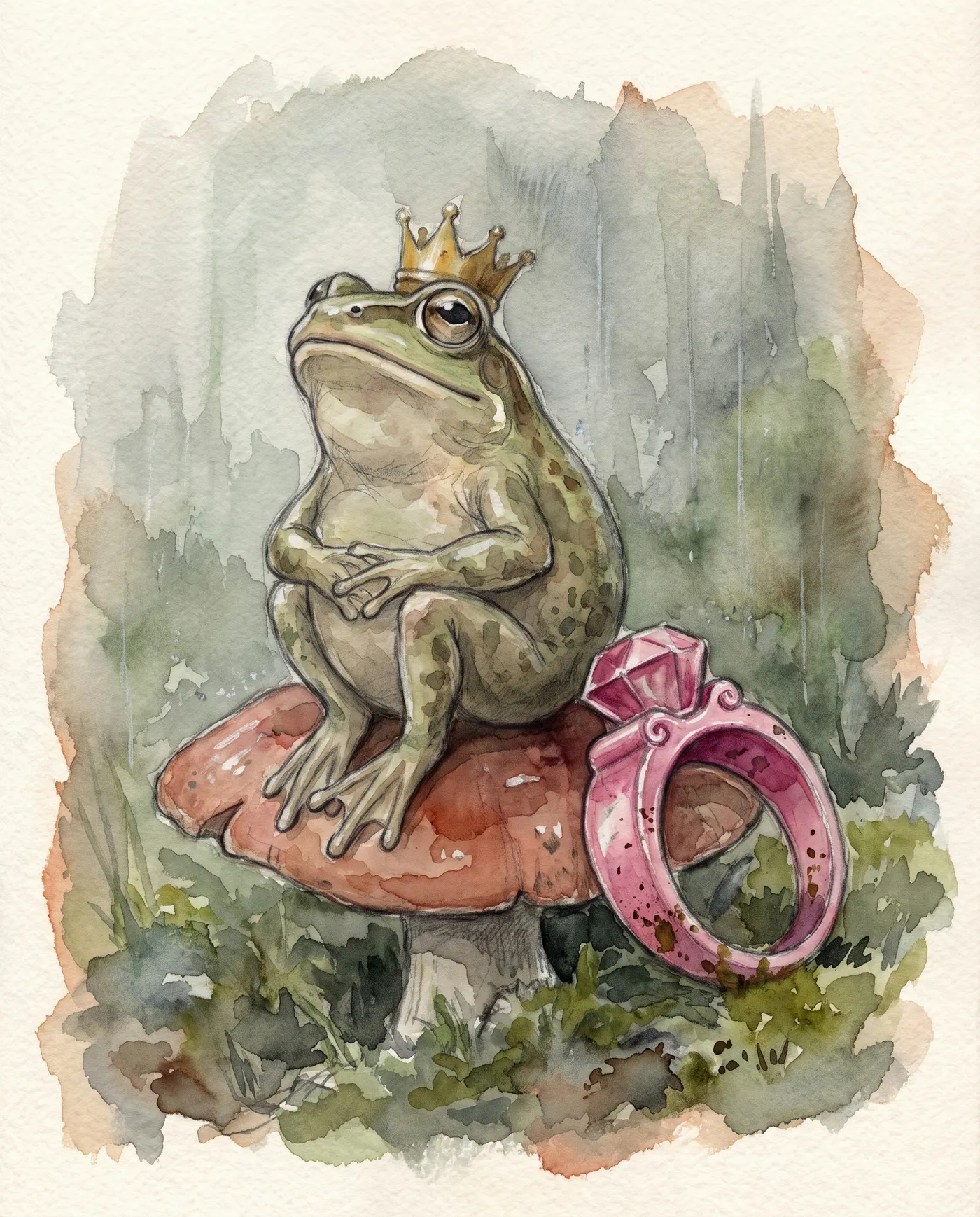 Watercolor over graphite portrait of Prince Puddlewick, a small frog in a moss cloak sitting with perfect posture atop a red-capped mushroom, a lost child's pink princess ring set beside him.