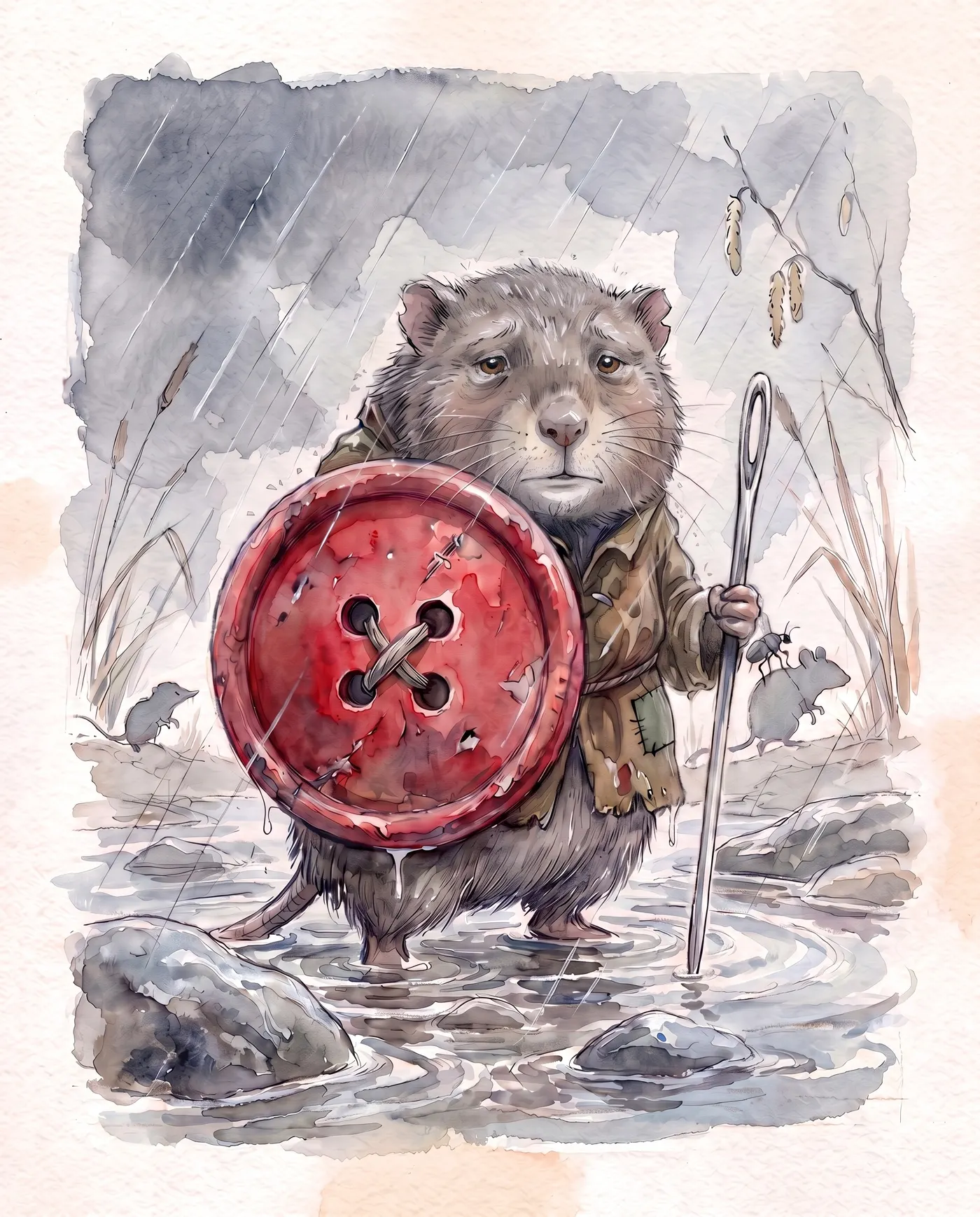 Watercolor over graphite portrait of Bramwell Redbutton, an older stout water vole in a patched tunic holding a giant weathered red four-hole button as a shield, standing in shallow floodwater at Rainford Crossing in light rain.