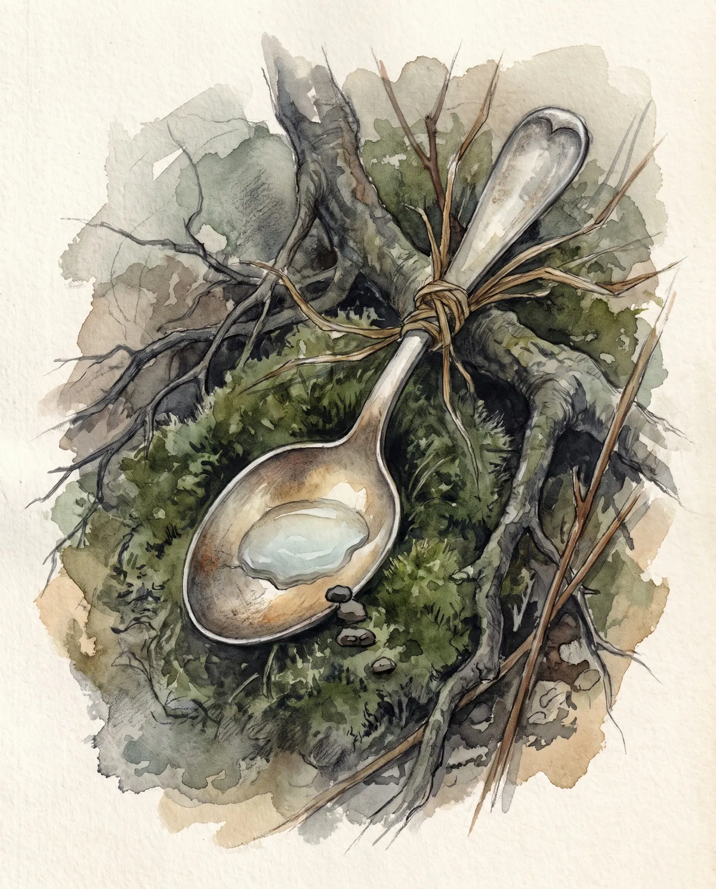 Watercolor over graphite: a tarnished silver teaspoon lying bowl-up in deep green moss beneath dark blackthorn roots, three small pebble steps nudged to its rim and a twist of grass binding the handle to a root.