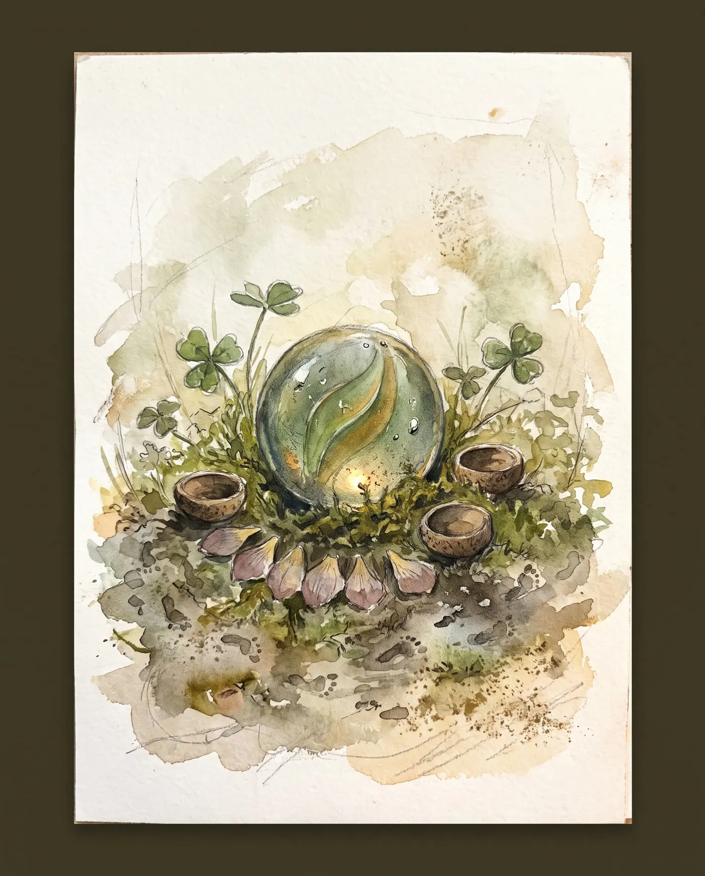 Watercolor over graphite: a glass marble with a green-and-gold swirl resting in damp moss, ringed by three acorn-cup stools, a row of pressed pink petals, and small footprints in the dirt below.