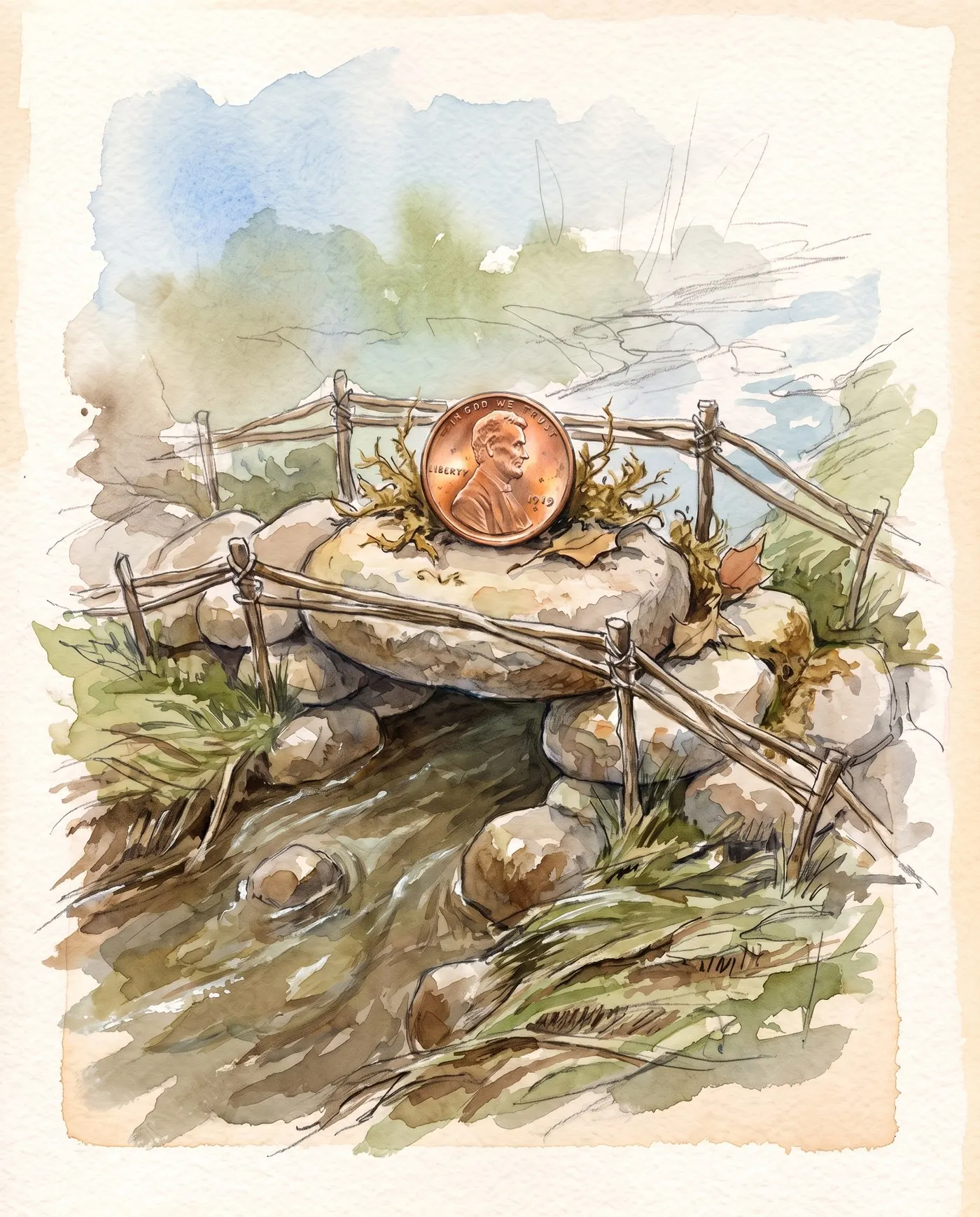 Watercolor over graphite: a small stone brook crossing at creature scale, a copper penny set gleaming on the highest stepping stone, brown flood-lines through wet grass, and a pair of unbroken twig rails guarding the path.