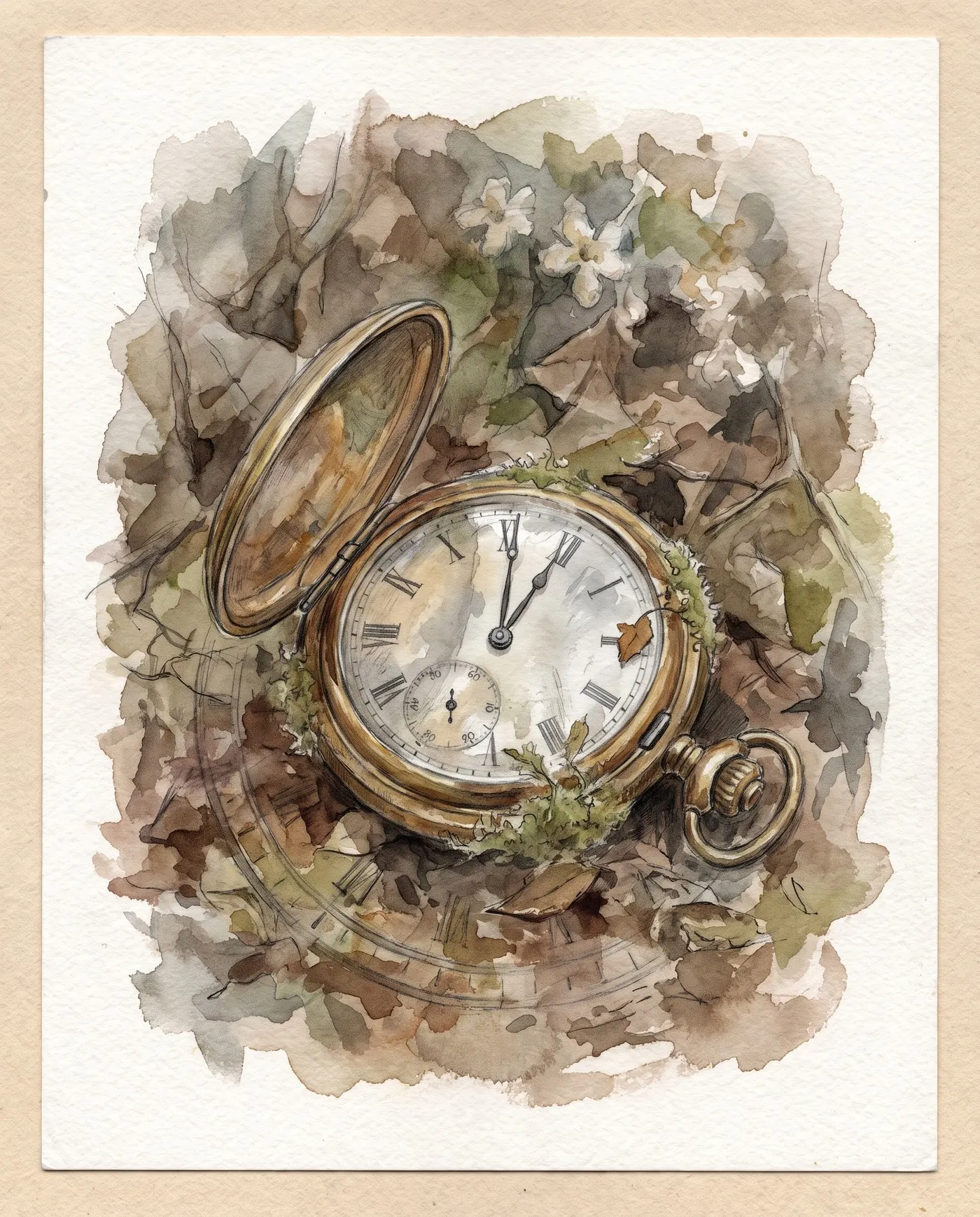 Watercolor over graphite: a small brass pocket watch recovered beneath an elder root, lid open and face turned upward, hands fixed at twelve, moss beginning its claim around the case, fine scratches by the numerals.