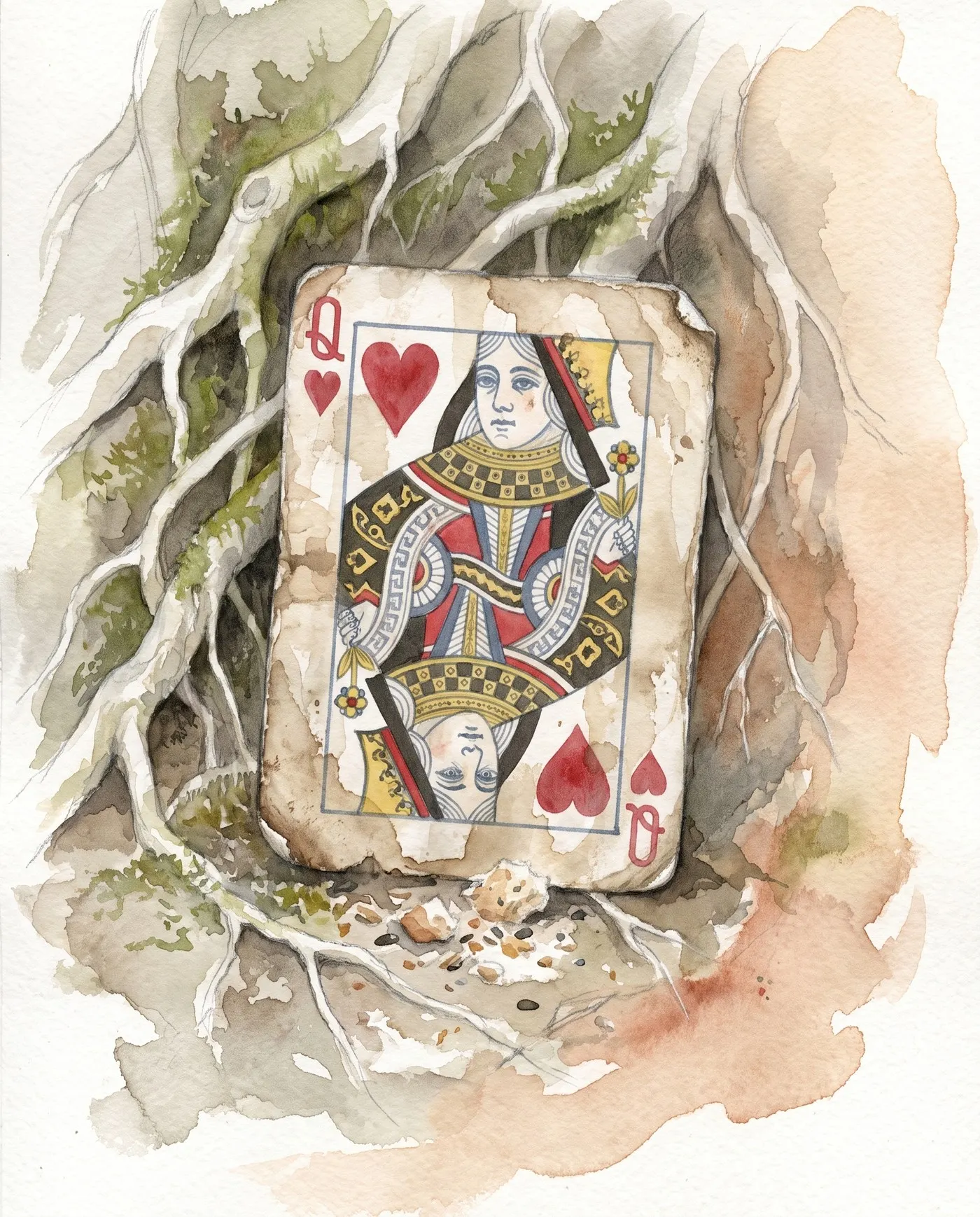 Watercolor over graphite: a weathered Queen of Hearts playing card recovered at the west rootway, softened at the corners and bowed like bark after three days' rain, the red figure watching the narrow passage, a scatter of crumbs left beneath her gaze.