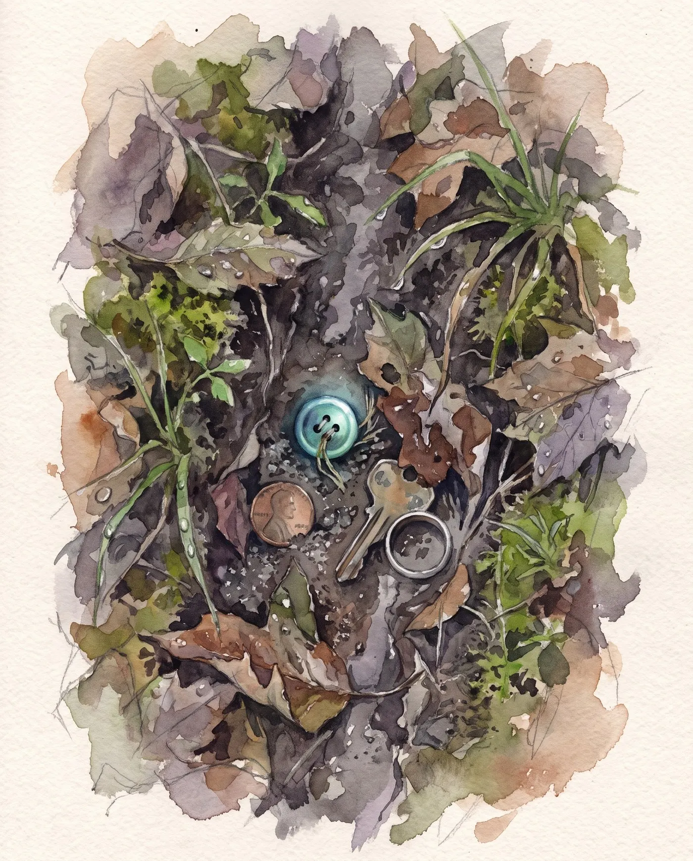 Watercolor over graphite: a rain-cut gully through leaf litter and moss, exposing a scatter of small treasures: a pale blue button, a copper penny, a bent key, and a plain silver ring, glinting in the wet dark soil.