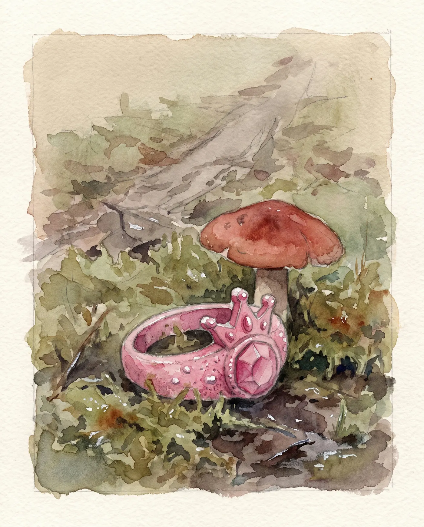 Watercolor over graphite: a pink plastic princess ring with a crown and faceted gem, set with care on damp moss at the foot of a red-capped mushroom, a faint drag-path in the leaf litter behind it.