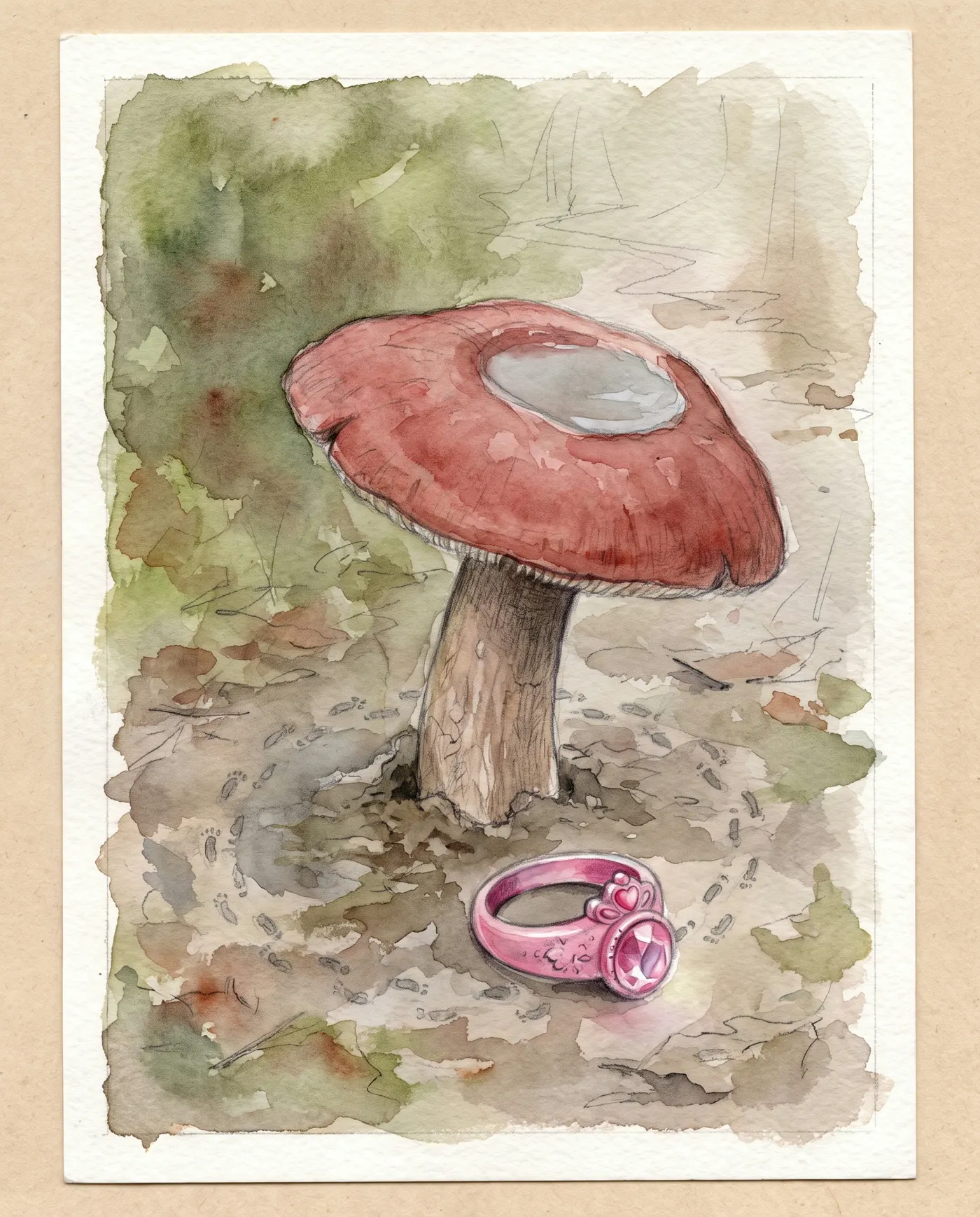 Watercolor over graphite: the red-capped mushroom west of Rainford with its crown worn smooth, a ring of tiny footprints in the mud below, and a pink plastic princess ring at its base, the court where a small figure is said to keep watch.