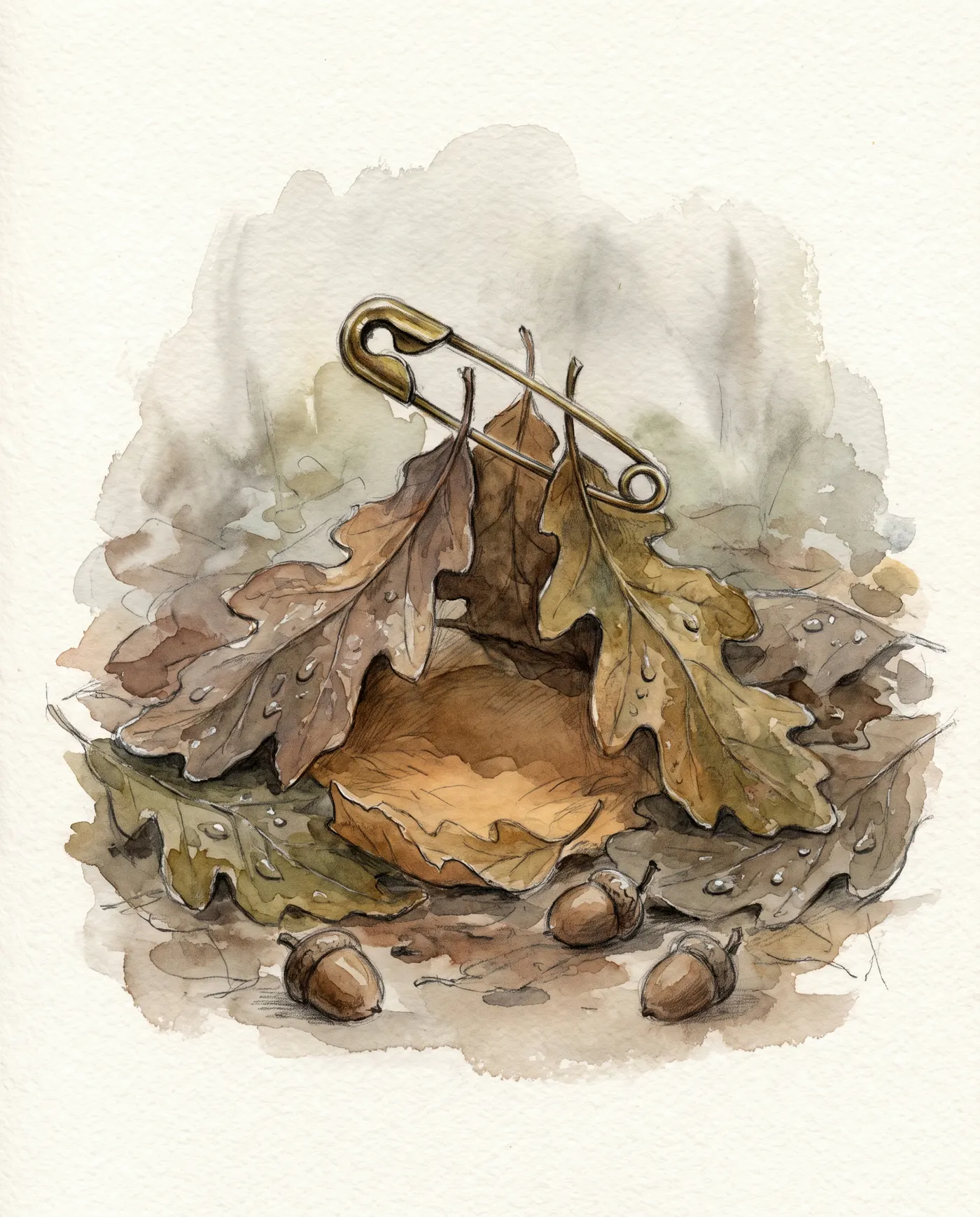 Watercolor over graphite: an open brass safety pin holding three fallen oak leaves together like a small roof, a dry hollow beneath them, and scattered acorns in the leaf litter.