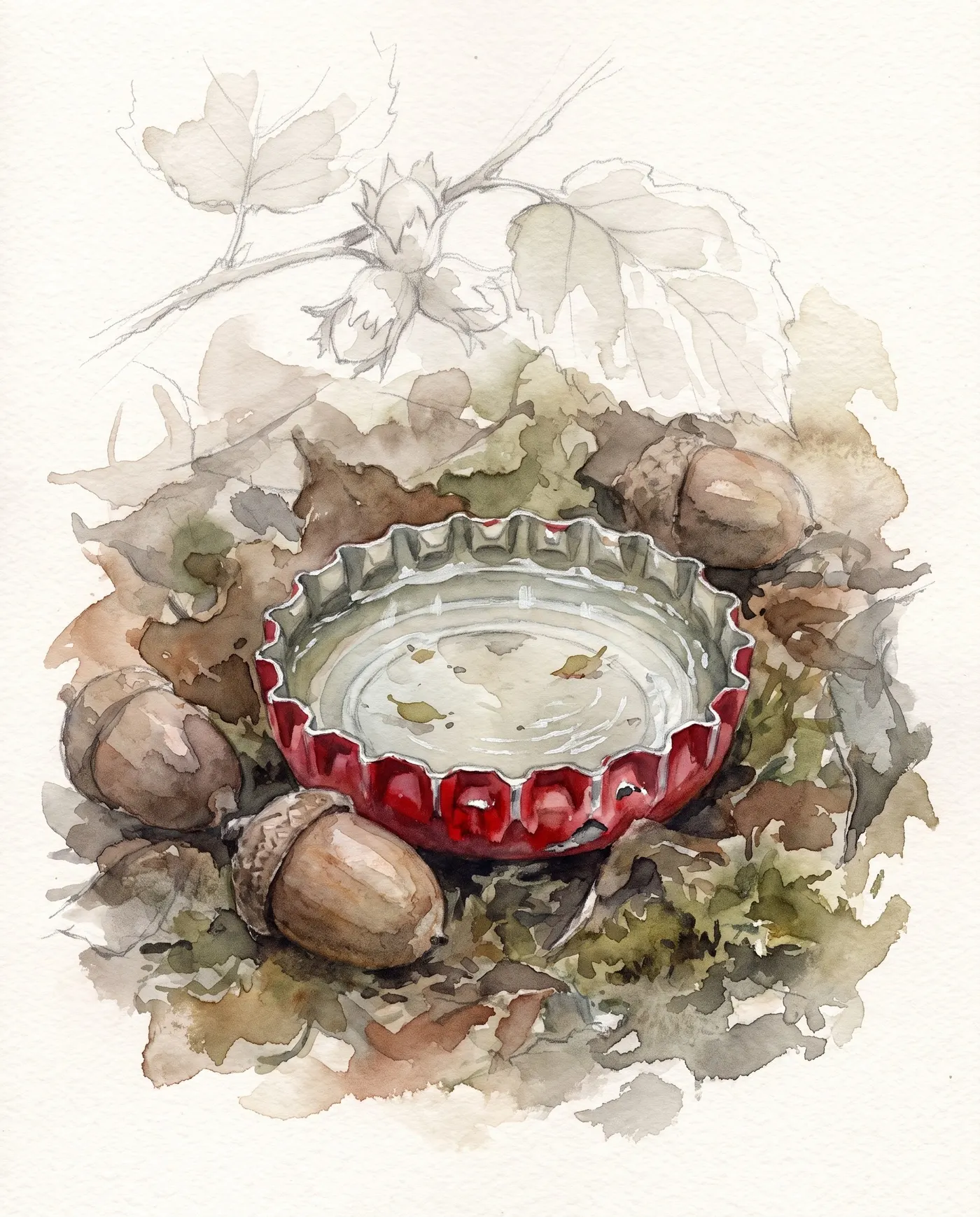 Watercolor over graphite: a red bottle cap catching rainwater like a small basin, ringed by fallen acorns and an oak-leaf sprig, two floating leaf fragments on the water's surface.