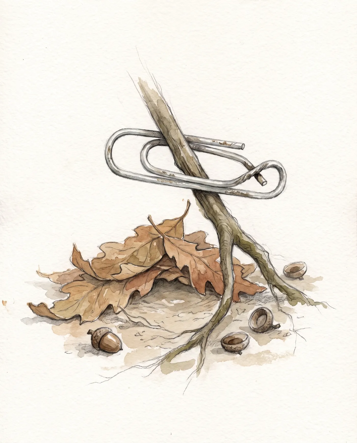 Watercolor over graphite: a bent silver paper clip gripping two crossed oak roots above a pile of curled fallen leaves, with scattered acorn caps nearby.