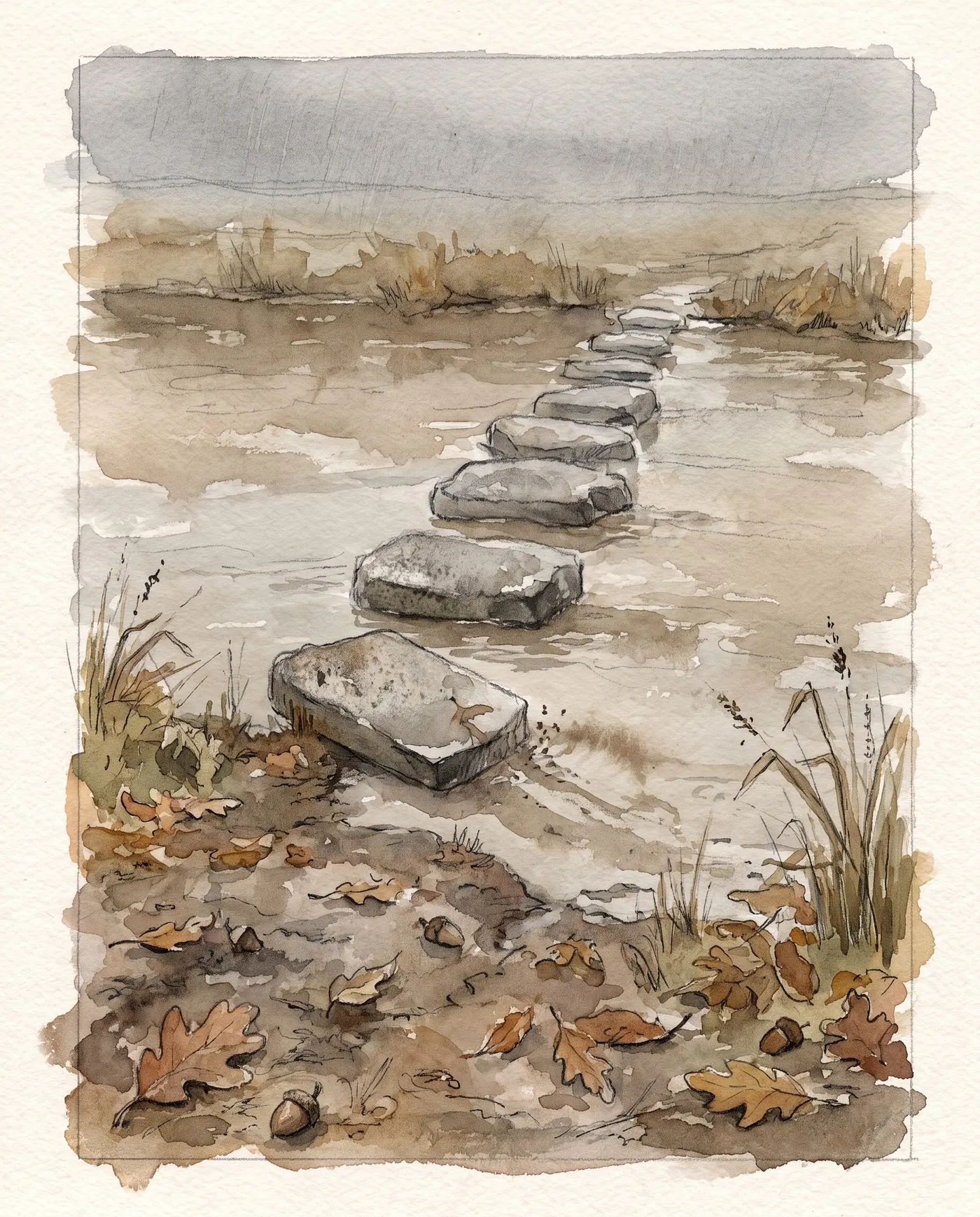 Watercolor over graphite: a neat line of flat grey stepping-stones crossing a high brown flooded stream at Rainford Crossing, one stone near the bank sitting slightly askew, fallen oak leaves and acorns in the foreground.