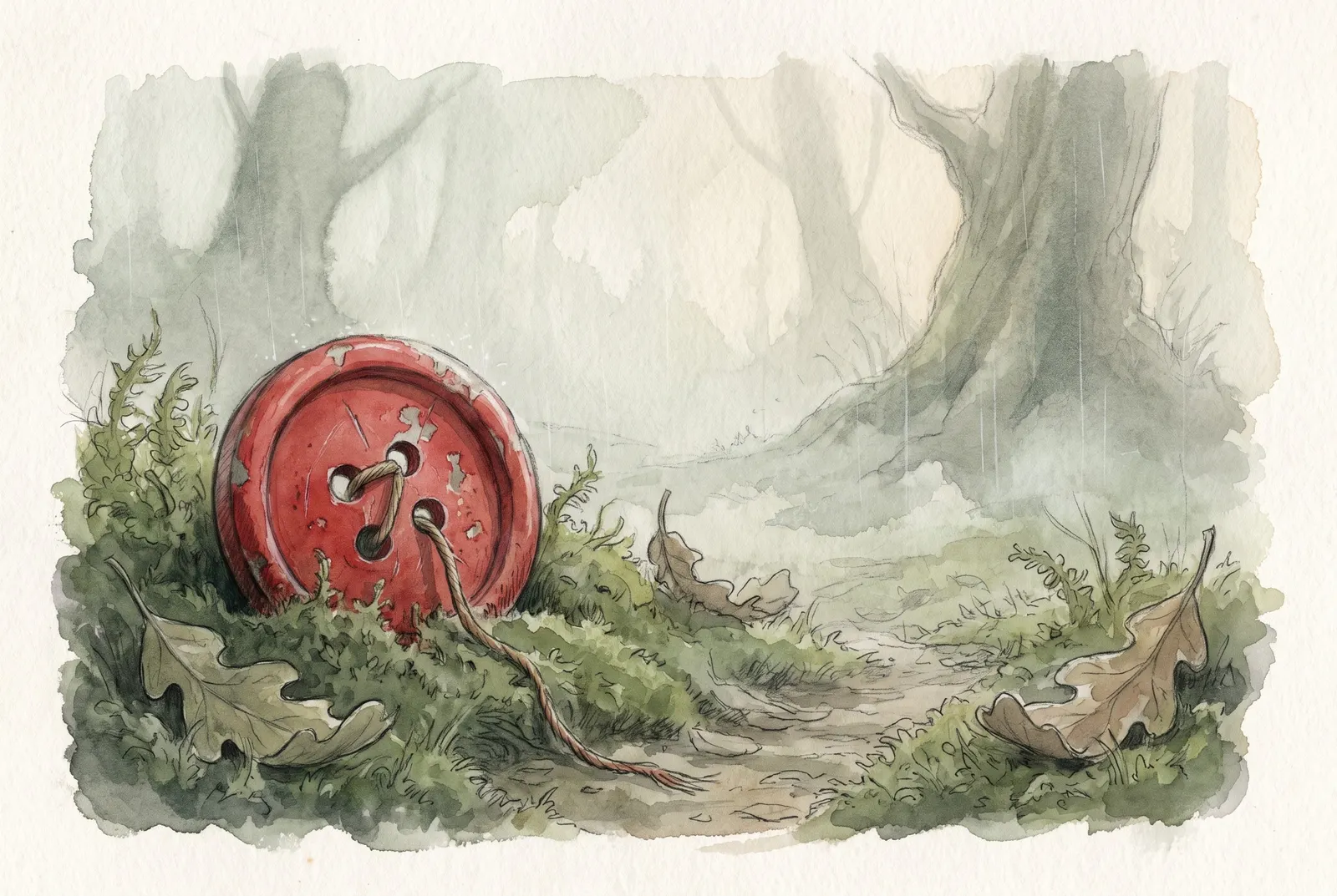 Painterly forest clearing at creature scale: an enormous weathered red coat button resting in deep moss at the left, its old thread trailing toward the viewer, a faint bare trail curving away through leaf litter into rain-mist.