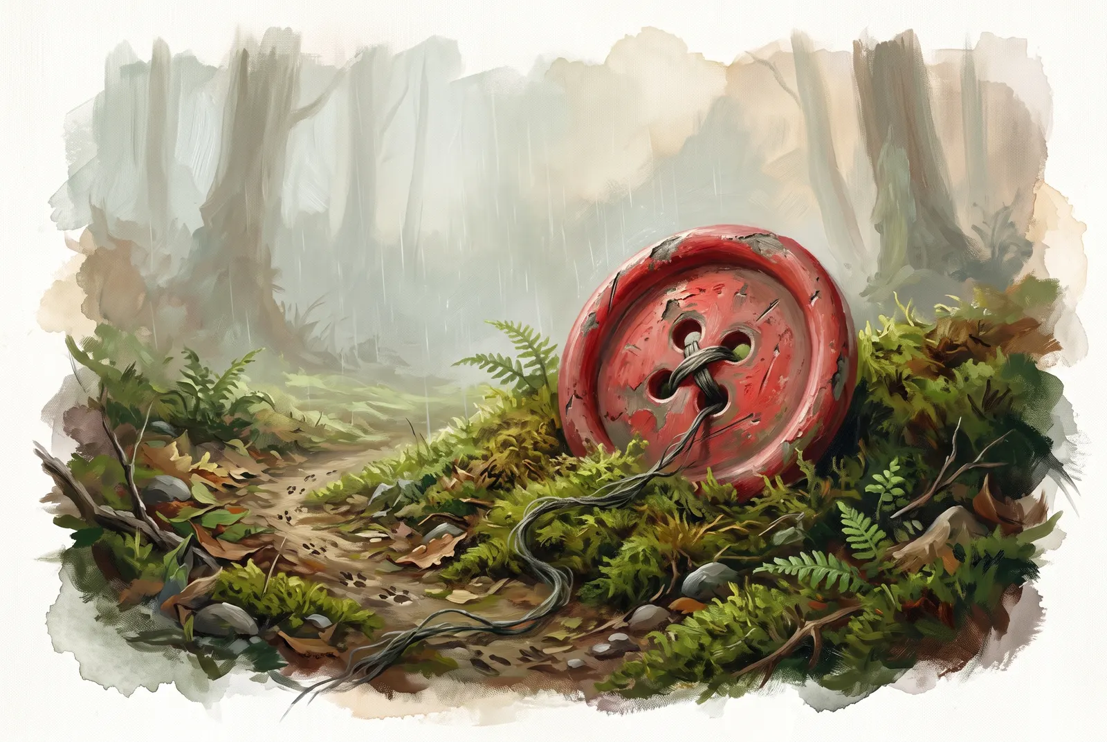 Painterly forest clearing at creature scale: an enormous weathered red coat button half-sunk in moss, its old thread trailing toward the viewer, a tiny footprint trail approaching through rain-mist.